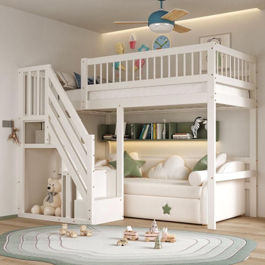 Merlooks Massief houten bed 90*200 trap met opbergkast kinderbed jeugdbed eenpersoonsbed massief houten frame hoog model wit