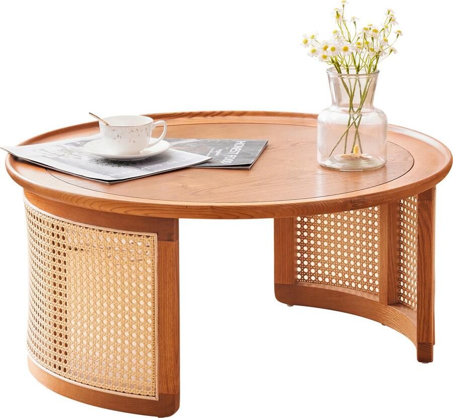 Merlooks Massief houten salontafel diameter 70 cm Elegante salontafel van hoogwaardig eikenhout met rotan details ronde salontafel met massief houten frame zeer robuust en stabiel licht en gemakkelijk te verplaatsen