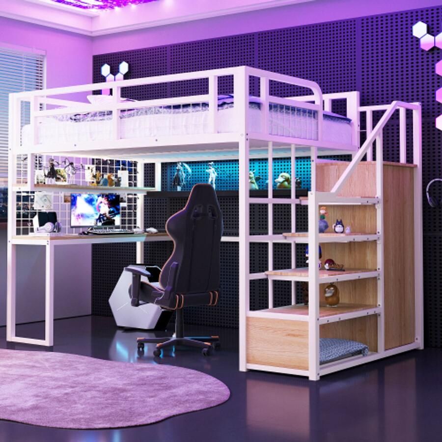 Merlooks Metalen hoogslaper 140 x 200 cm Met opbergladder en eenvoudige kledingkast met opbergvak tafel en gaasrek. Stabiel metalen frame hoogslaper wit