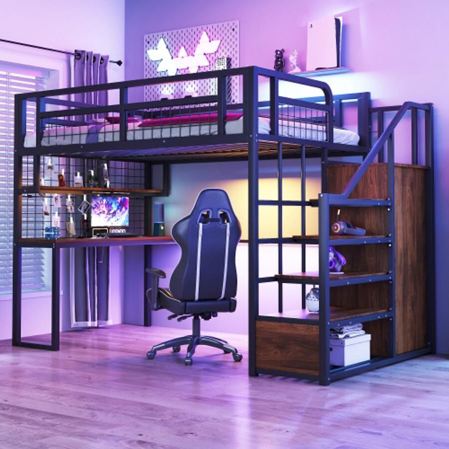 Merlooks Metalen hoogslaper 140 x 200 cm Met opbergladder en eenvoudige kledingkast met opbergvak tafel en gaasrek. Stabiel metalen frame hoogslaper zwart