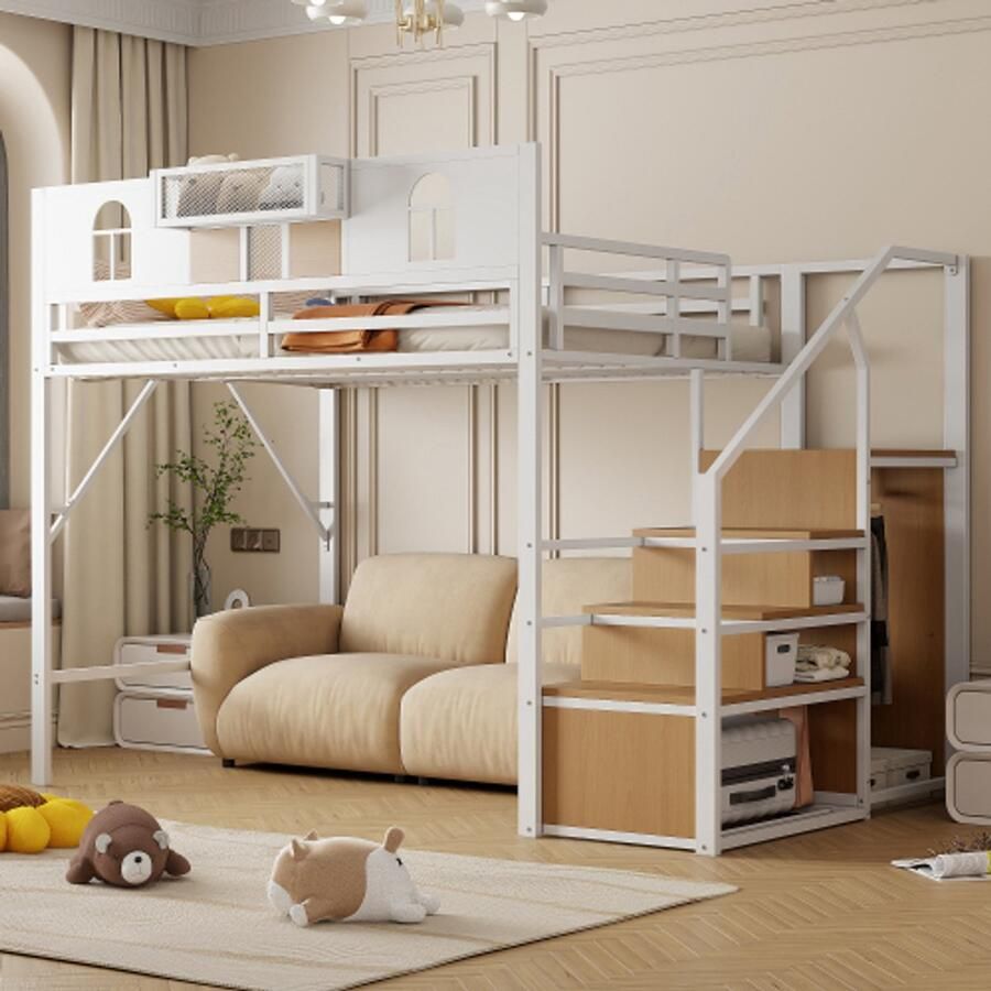 Merlooks Metalen hoogslaper 140 x 200 cm met opbergladder raam houten planken en gaas unieke verhoogde omheining opbergruimte naast het bed stabiel metalen frame wit