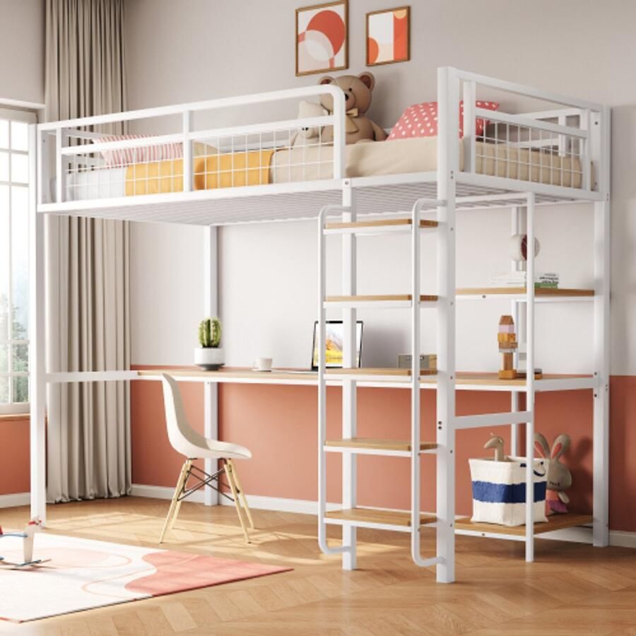 Merlooks Metalen hoogslaper 90*200cm veiligheidsladder met trap kinderbed met tafel en plank jeugdbed volwassen bed metalen gaasveiligheidshek wit
