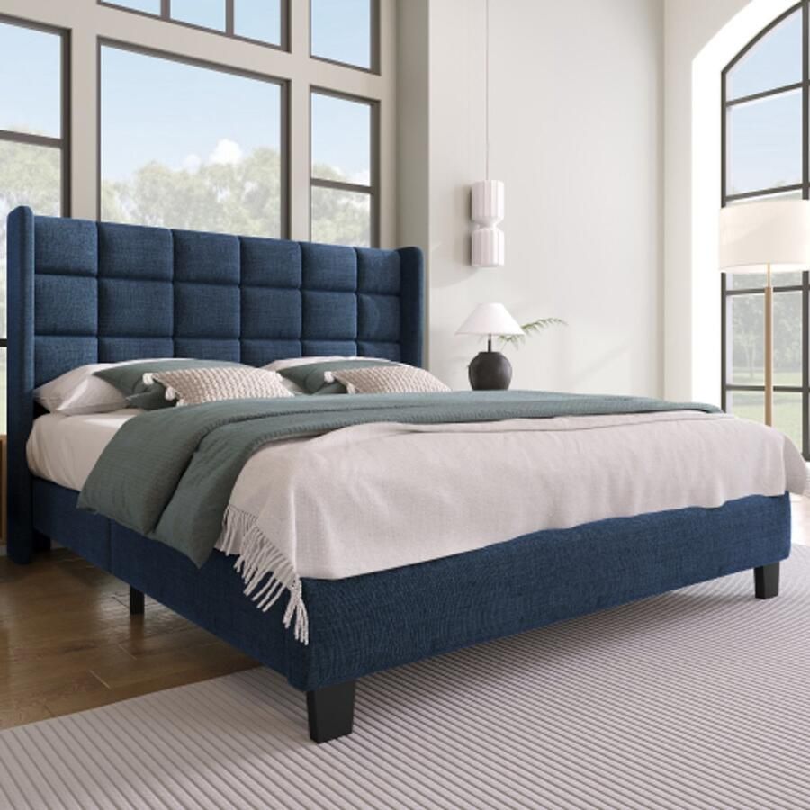 Merlooks Modern design gestoffeerd bed Met gestoffeerd hoofdeinde Eenpersoonsbed met lattenbodem 140x200cm in blauw linnen medium hard (zonder matras)