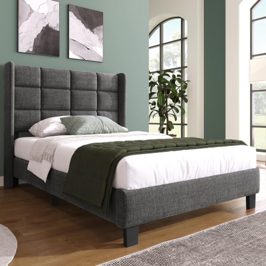 Merlooks Modern design gestoffeerd bed Met gestoffeerd hoofdeinde Eenpersoonsbed met lattenbodem 90x200cm in grijs linnen medium hard (zonder matras)
