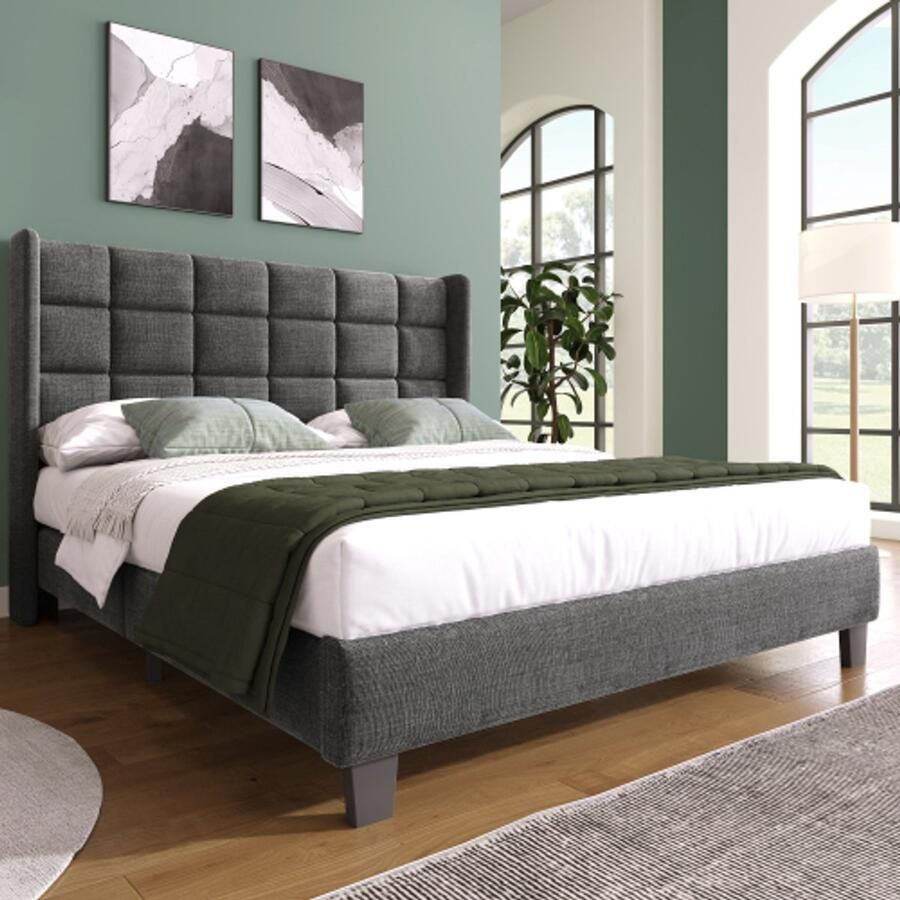 Merlooks Modern design gestoffeerd bed Met gestoffeerd hoofdeinde Eenpersoonsbed met lattenbodem 140x200cm in grijs linnen medium hard (zonder matras)
