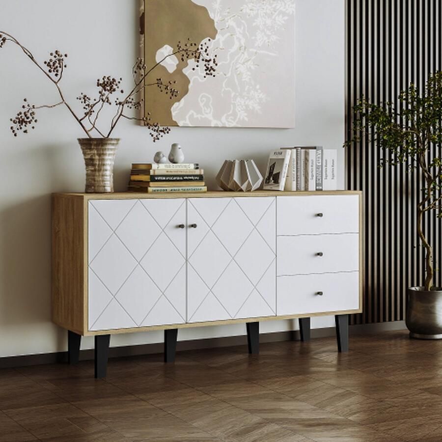 Merlooks Modern dressoir met grote opbergruimte twee deuren en drie laden met een verstelbare plank voor eetkamer woonkamer of keuken wit