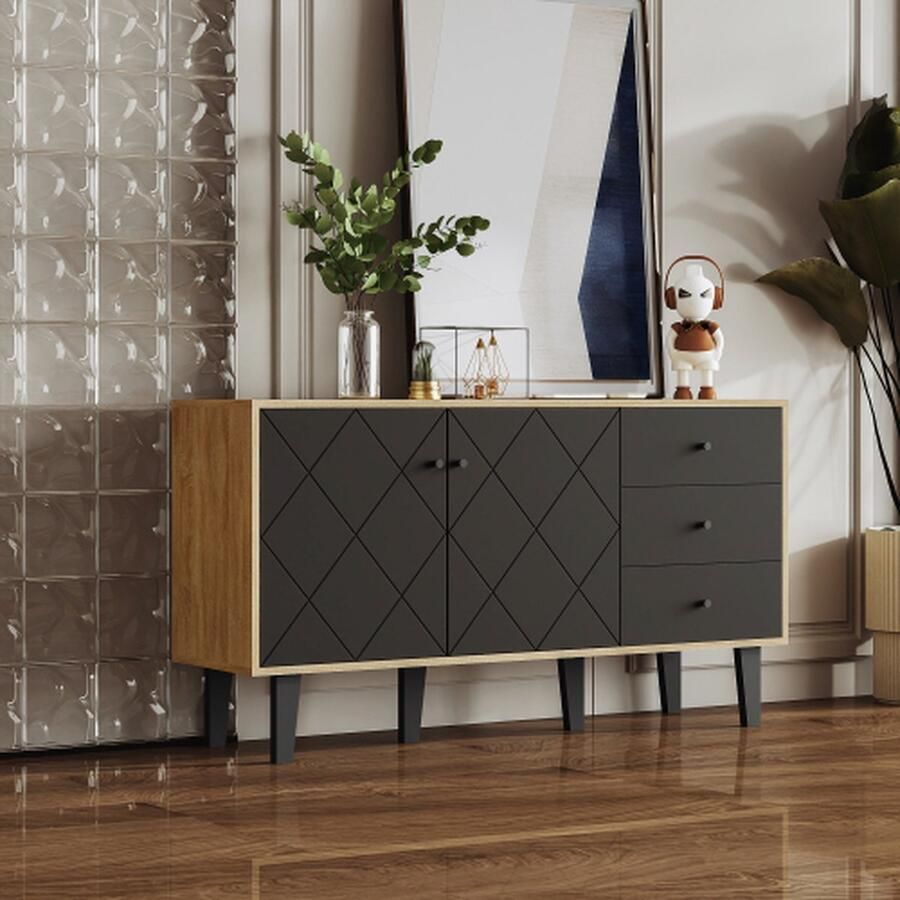 Merlooks Modern dressoir met grote opbergruimte twee deuren en drie laden met een verstelbare plank voor eetkamer woonkamer of keuken zwart