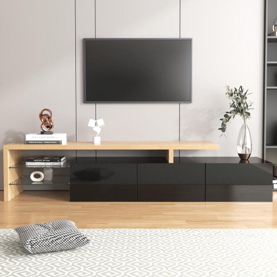 Merlooks Modern TV-meubel design Stijlvolle elegantie praktische opbergruimte houtlook glazen legplanken LED-verlichting hoogglans zwart