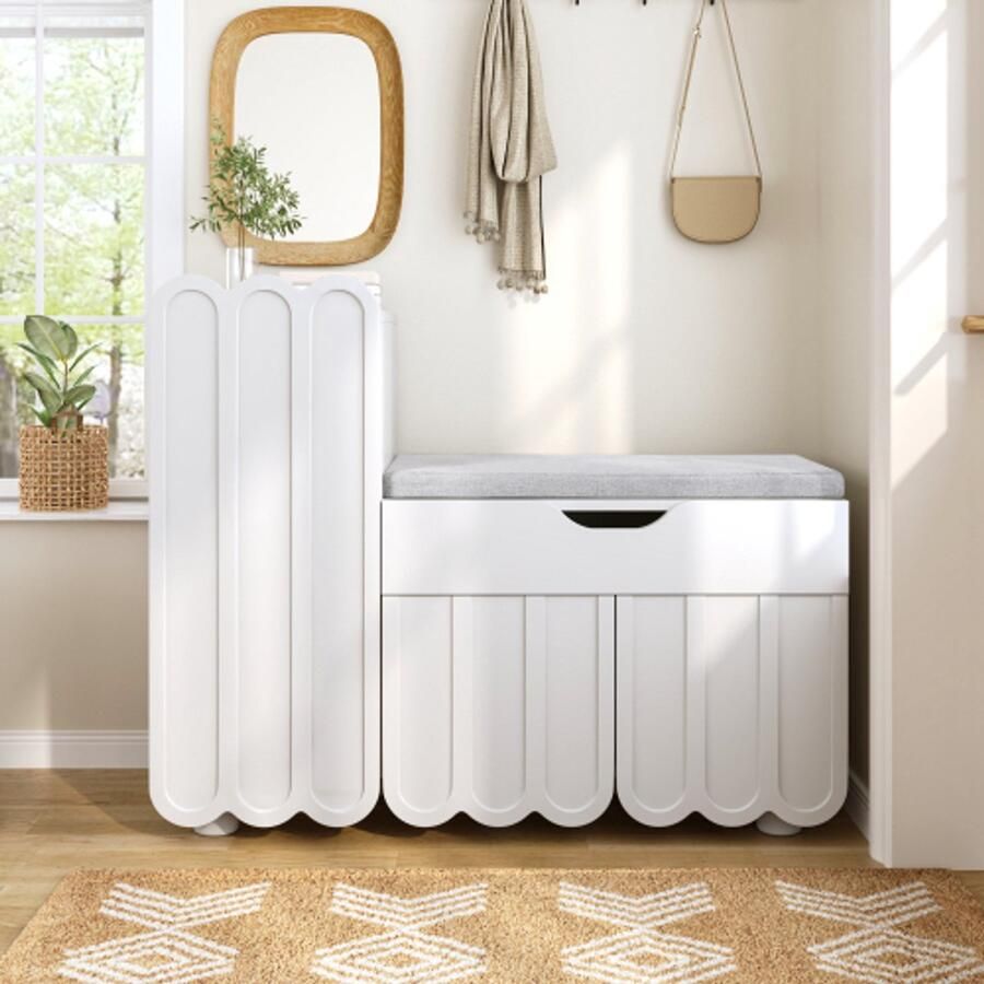 Merlooks Moderne 3-deurs schoenenkast met lade & zitkussen -Wit Schoenenkasten en schoenbanken Ruimtebesparende schoenenkasten voor de gang Stijlvolle schoenbanken voor gangen en entree