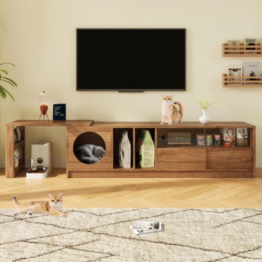 Merlooks Moderne draaibare tv-kast – multifunctioneel en uitschuifbaar huisdiervriendelijk met staal versterkte glazen deuren rustruimte voor katten (zonder kattenkussen) notenhoutkleurig 180(+80)×40×50 cm