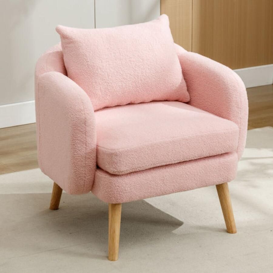 Merlooks Moderne eenvoudige teddyfluwelen fauteuil met kussens extra dikke kussenfauteuil enkele sofa-fauteuil gestoffeerde fauteuil vrijetijdsstoel massief houten stoel met poten roze