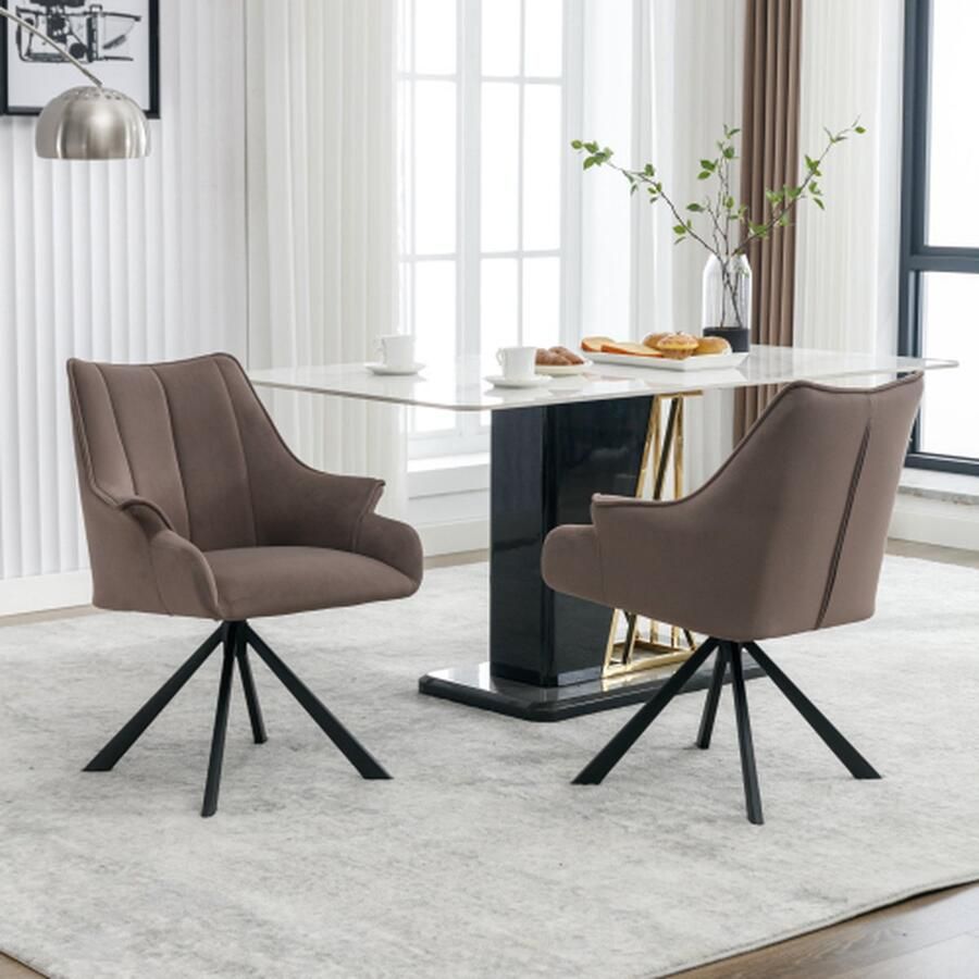 Merlooks Moderne Fluwelen Naadde Eetkamerstoel 2-delig kan 360°roteren met Armleuning Woonkamerstoelen Metalen Benen Fluwelen Zittingen Koffiekleur