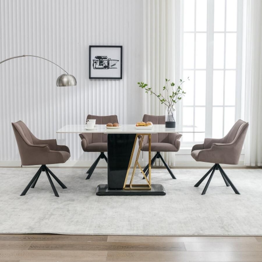 Merlooks Moderne Fluwelen Naadde Eetkamerstoel 4-delig kan 360°roteren met Armleuning Woonkamerstoelen Metalen Benen Fluwelen Zittingen Koffiekleur