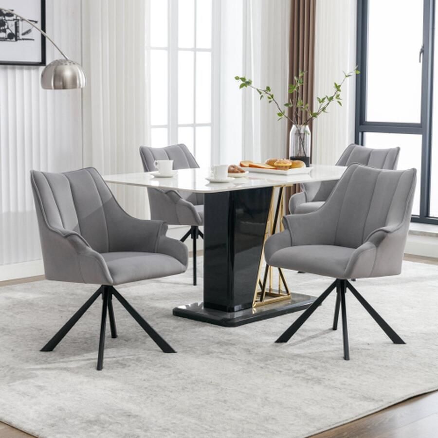 Merlooks Moderne Fluwelen Naadde Eetkamerstoel 4-delig kan 360°roteren met Armleuning Woonkamerstoelen Metalen Benen Fluwelen Zittingen Grijs