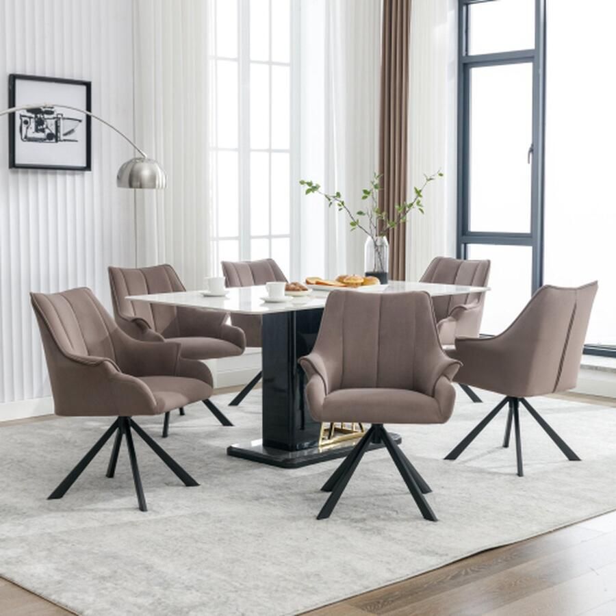Merlooks Moderne Fluwelen Naadde Eetkamerstoel 6-delig kan 360°roteren met Armleuning Woonkamerstoelen Metalen Benen Fluwelen Zittingen Koffiekleur