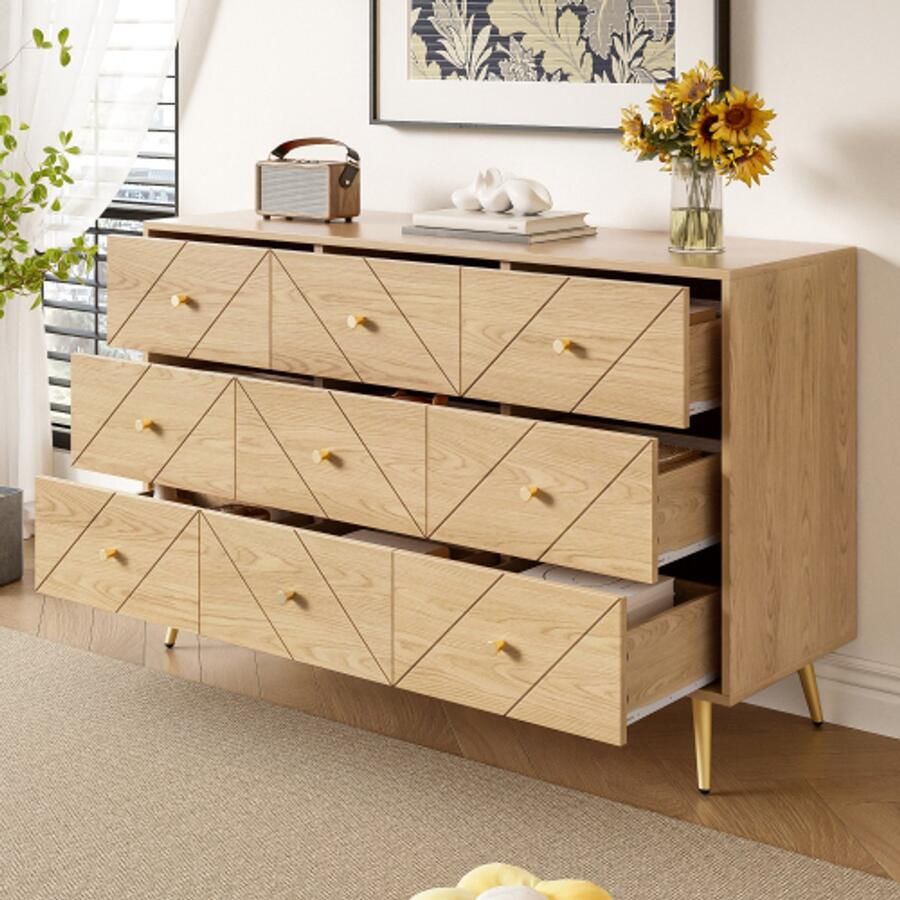 Merlooks Moderne ladekast met 9 lades en ijzeren poten – Stijlvolle opbergoplossing voor slaapkamer woonkamer en hal – Robuuste PB-constructie met elegante geometrische patronen en praktische knoppen