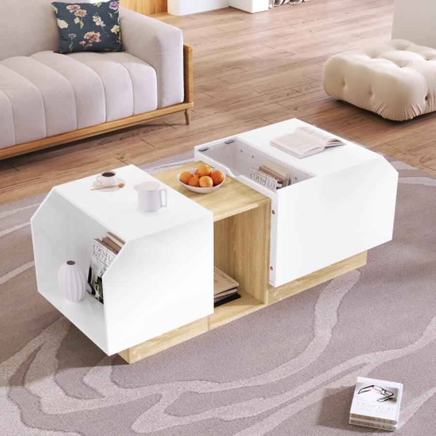 Merlooks Moderne LED salontafel multifunctionele opbergruimte kleurencombinatie van glas wit en hout