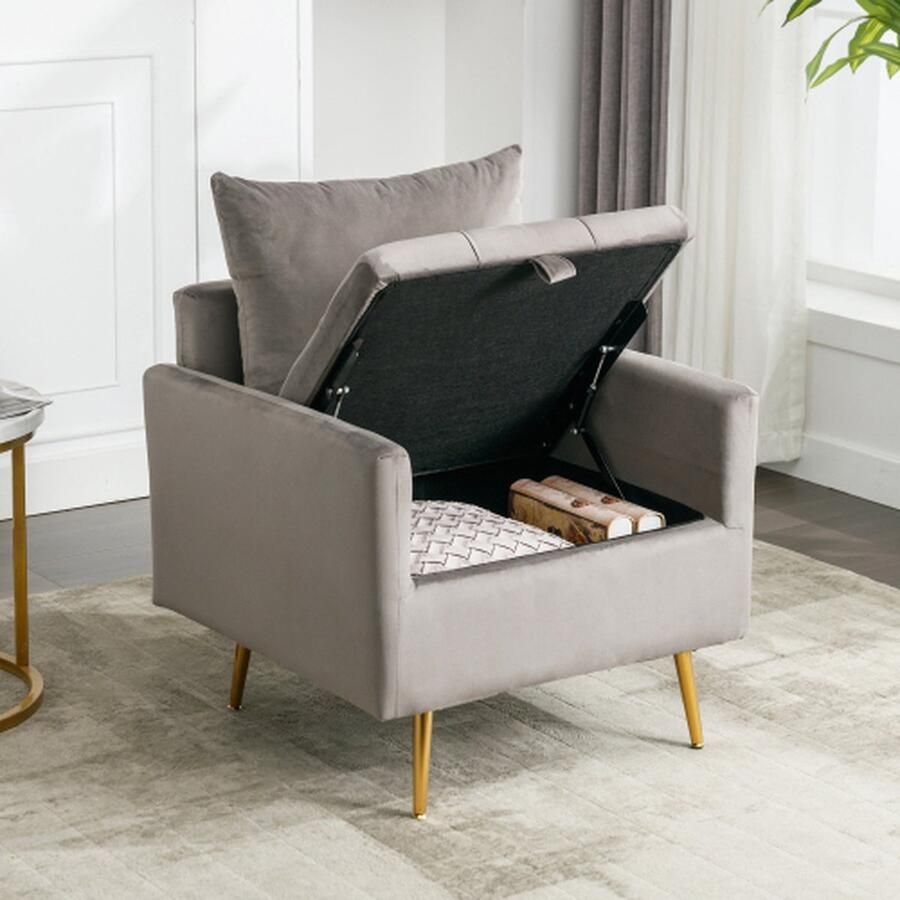 Merlooks Moderne minimalistische fluwelen stoel fauteuil voetenbank met opbergruimte sierkussens en armleuning loungestoel met goudkleurige metalen poten grijs