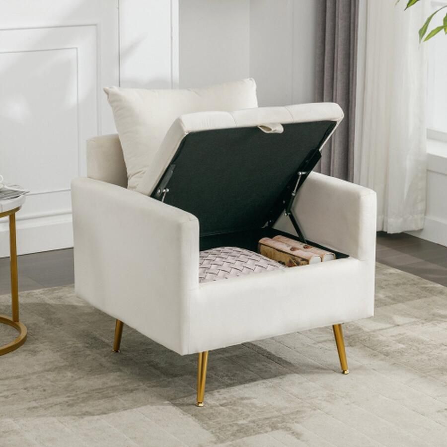 Merlooks Moderne minimalistische fluwelen stoel fauteuil voetenbank met opbergruimte sierkussens en armleuning loungestoel met goudkleurige metalen poten beige