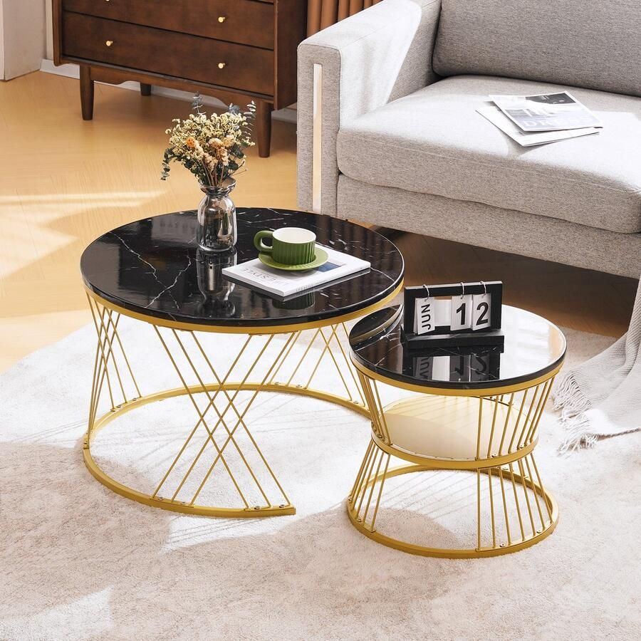 Sweiko Moderne Nesting salontafel hoge glans salontafel set marmeren fineer bank side nest van tafels ronde eindtafels set van 2 gouden kleur frame