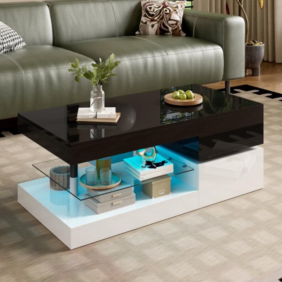 Merlooks Moderne salontafel met led-sfeerverlichting app- en bluetoothbediening glazen legplank en hoogglansafwerking zwart-witontwerp voor de woonkamer 90 x 45 x 35 5 cm