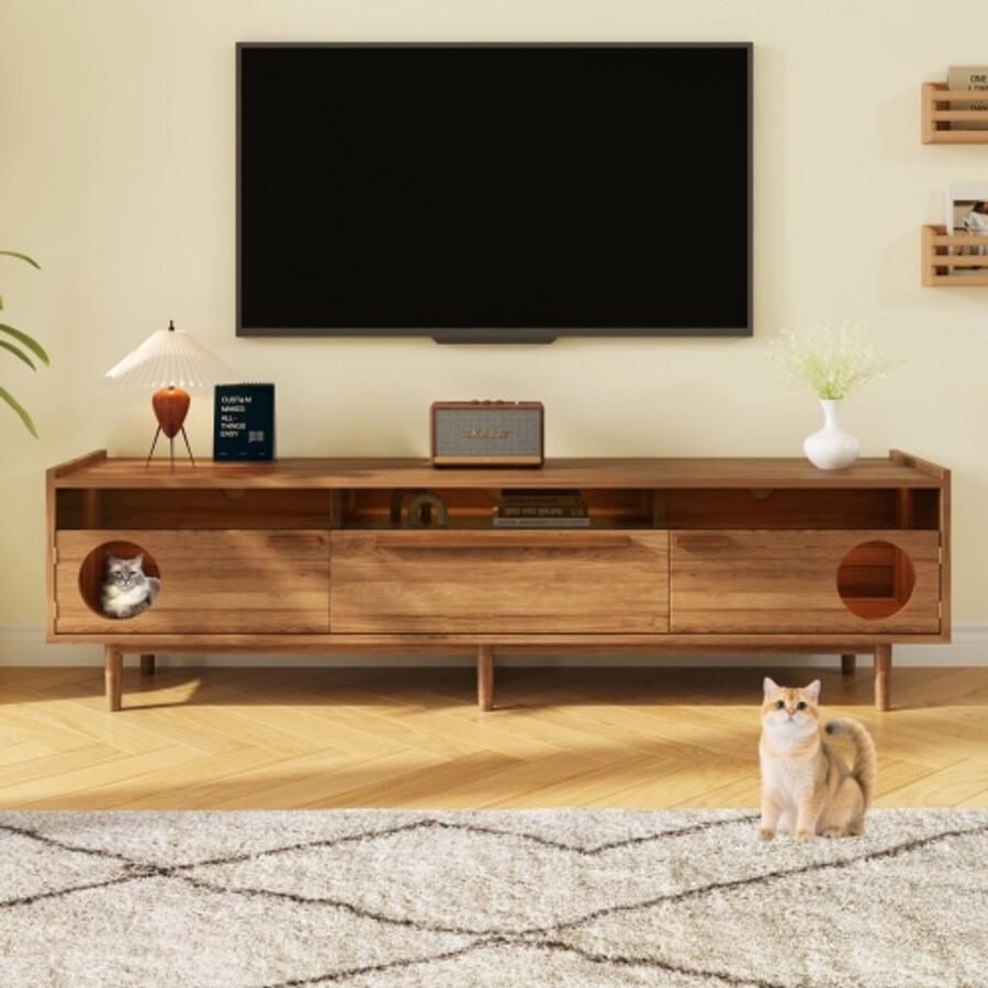 Merlooks Moderne tv-kast met ledverlichting – met rustruimte voor katten steunhefbomen met staal versterkte glazen deuren en 1 lade (zonder kattenkussen) notenhoutkleurig 180×40×50 cm