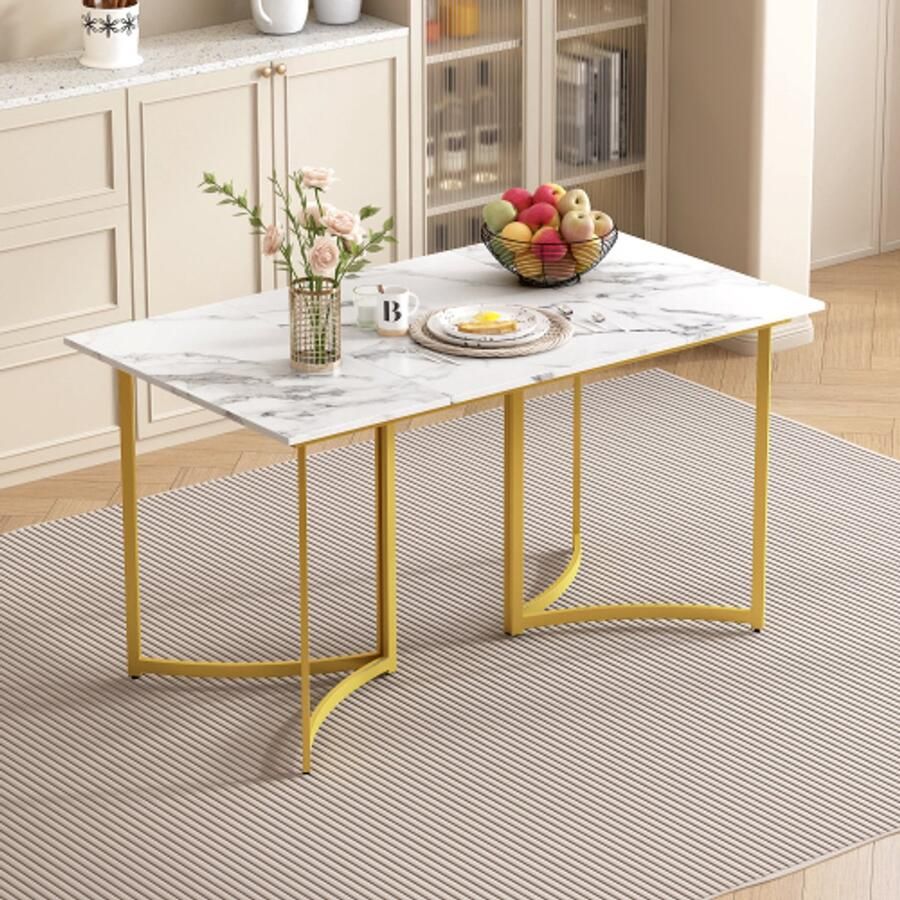 Merlooks Moderne witte eettafel met marmeren look en gebogen tafelpoten verstelbare poten voor eetkamer en keuken