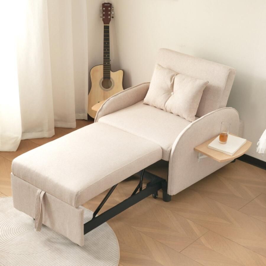 Merlooks Multifunctionele uitschuifbare eenpersoonsslaapbank met bedfunctie relaxfauteuil en fauteuil in drie richtingen verstelbare slaapbank ideaal voor kleine kamers met opklapbare theetafels 123 (73) x 167 x 78 cm Beige