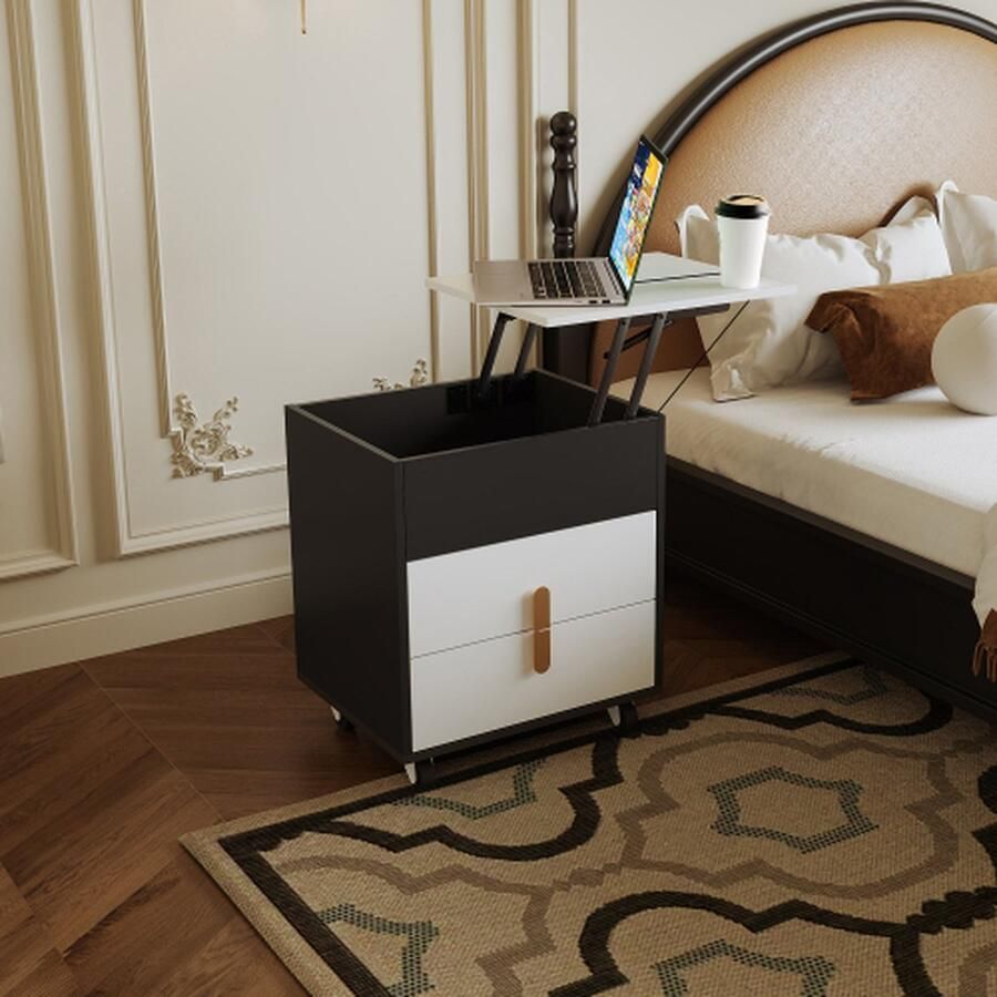 Merlooks Nachtkastje met USB-oplaadinterface inclusief heftafel beweegbaar katrolontwerp nachtkastje slaapkamer kast in de woonkamer met twee laden zwart + wit