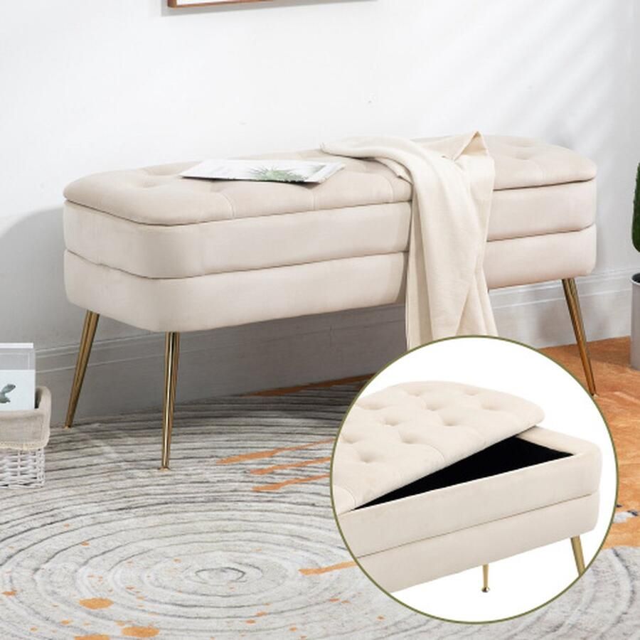 Merlooks Opbergbank in de slaapkamer gestoffeerde stoffen opbergbank met veiligheidsscharnier gewatteerde voetenbank in de ingang Ottomaanse bank voor woonkamer en slaapkamer beige