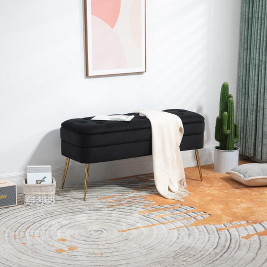 Merlooks Opbergbank in de slaapkamer gestoffeerde stoffen opbergbank met veiligheidsscharnier gewatteerde voetenbank in de ingang Ottomaanse bank voor woonkamer en slaapkamer zwart