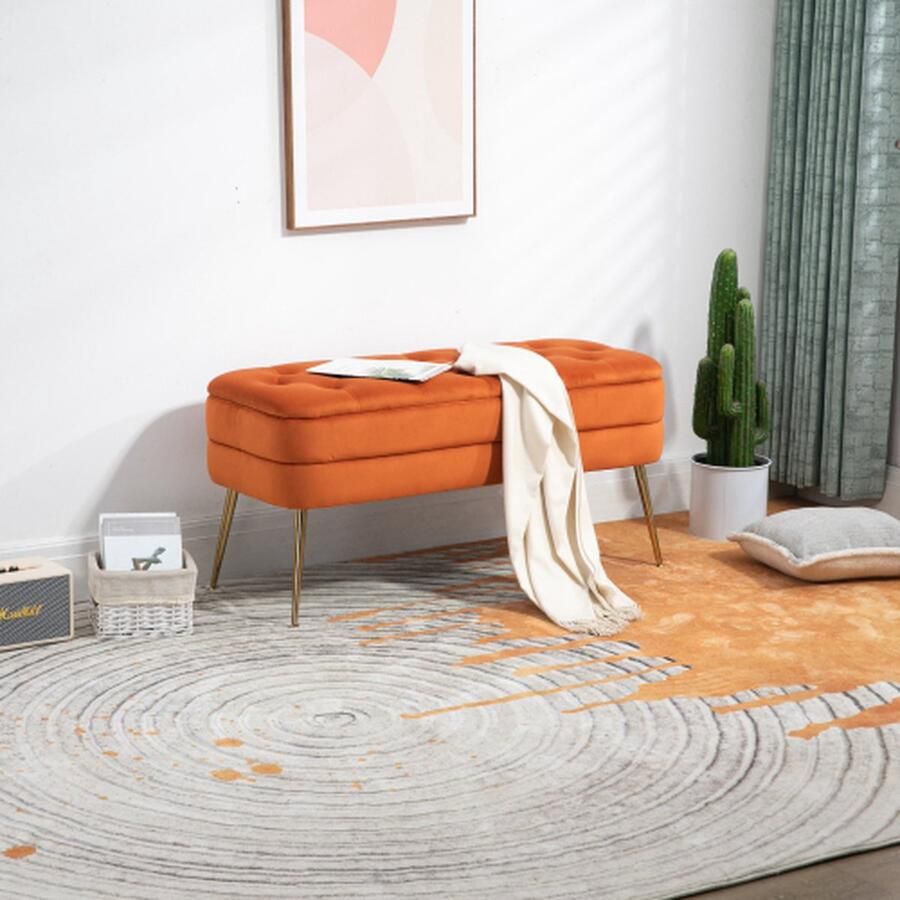Merlooks Opbergbank in de slaapkamer gestoffeerde stoffen opbergbank met veiligheidsscharnier gewatteerde voetenbank in de ingang poefbank voor woonkamer en slaapkamer oranje
