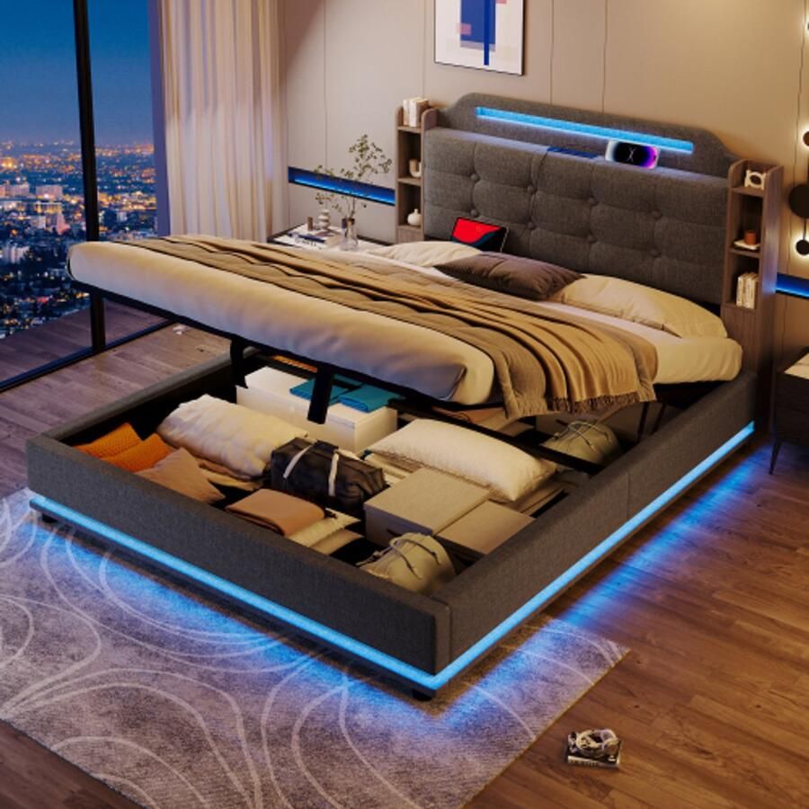 Merlooks Opbergbed 140*200 cm met led-lichtstrip hydraulische opbergruimte meerdere opbergvakken zonder matras USB + TYPE-C linnen grijs