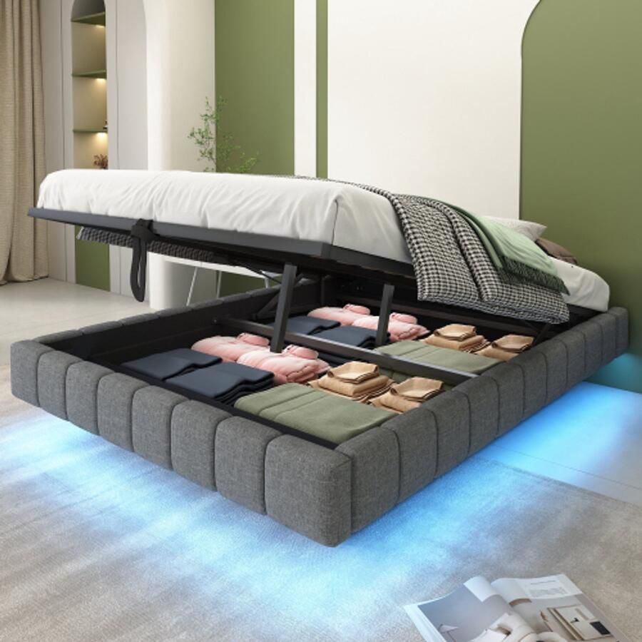 Merlooks Opbergbed 140x200 cm hydraulisch zwevend bedframe met opbergruimte multifunctioneel opbergbed zonder hoofdeinde met ledverlichting linnen grijs