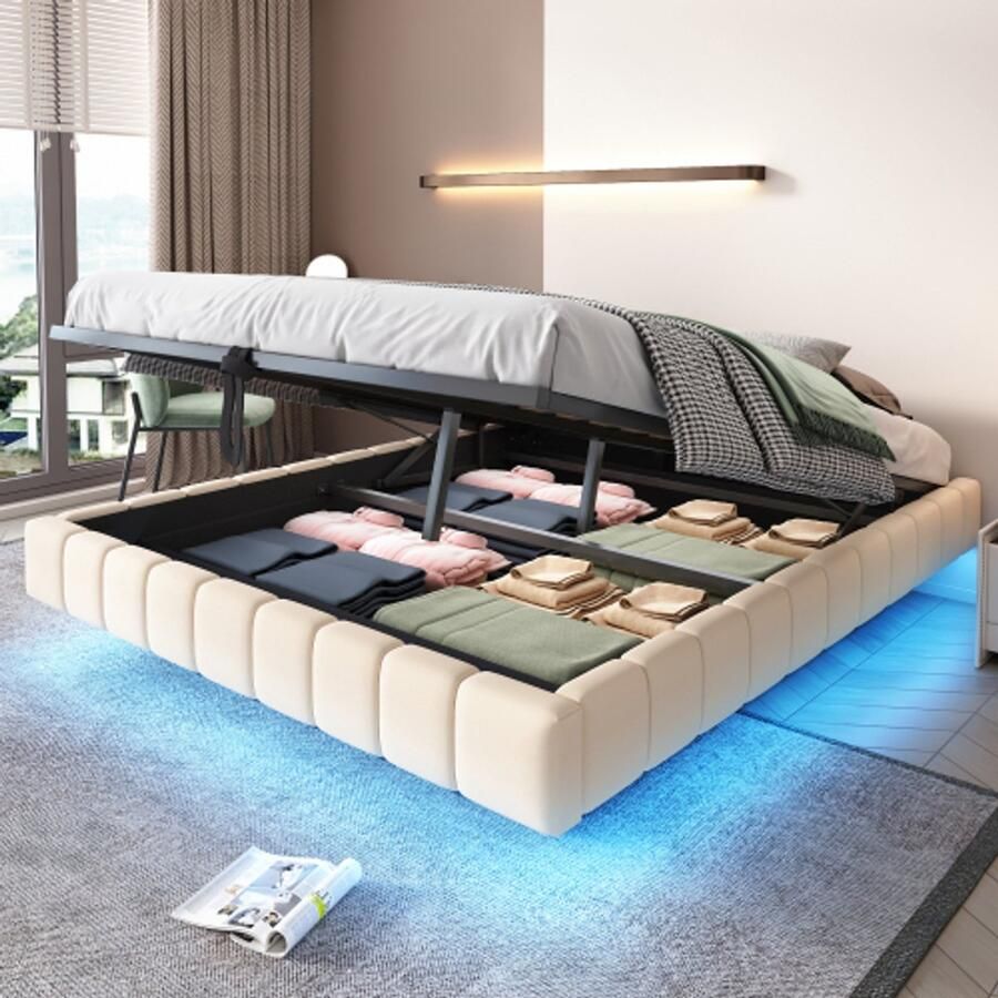 Merlooks Opbergbed 160x200 cm hydraulisch zwevend bedframe met opbergruimte multifunctioneel opbergbed zonder hoofdeinde met ledverlichting linnen beige