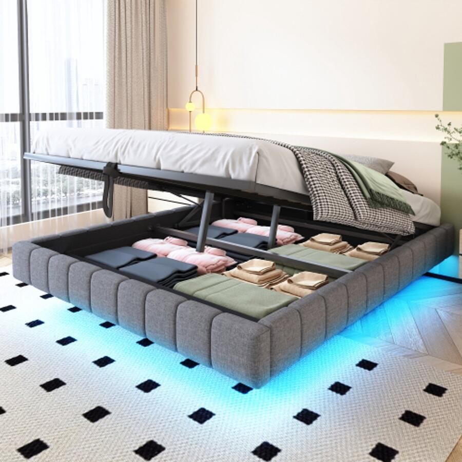 Merlooks Opbergbed 160x200 cm hydraulisch zwevend bedframe met opbergruimte multifunctioneel opbergbed zonder hoofdeinde met ledverlichting linnen grijs