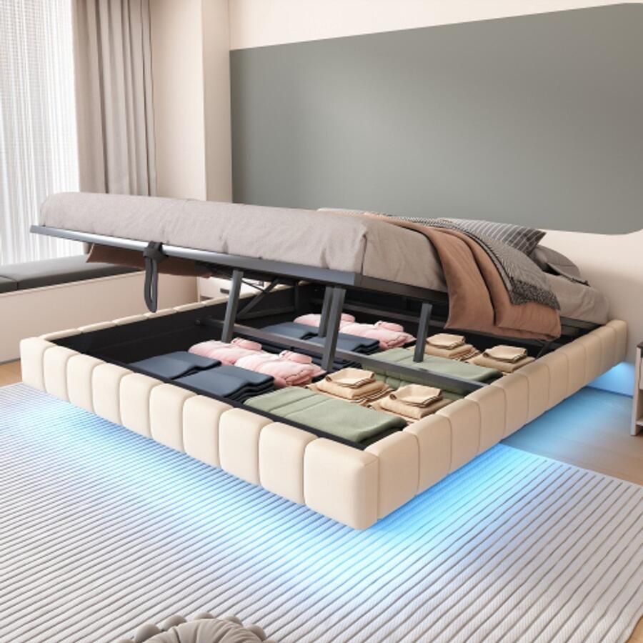 Merlooks Opbergbed 180x200 cm hydraulisch zwevend bedframe met opbergruimte multifunctioneel opbergbed zonder hoofdeinde met ledverlichting linnen beige