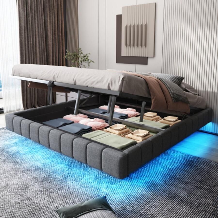 Merlooks Opbergbed 180x200 cm hydraulisch zwevend bedframe met opbergruimte multifunctioneel opbergbed zonder hoofdeinde met ledverlichting linnen grijs