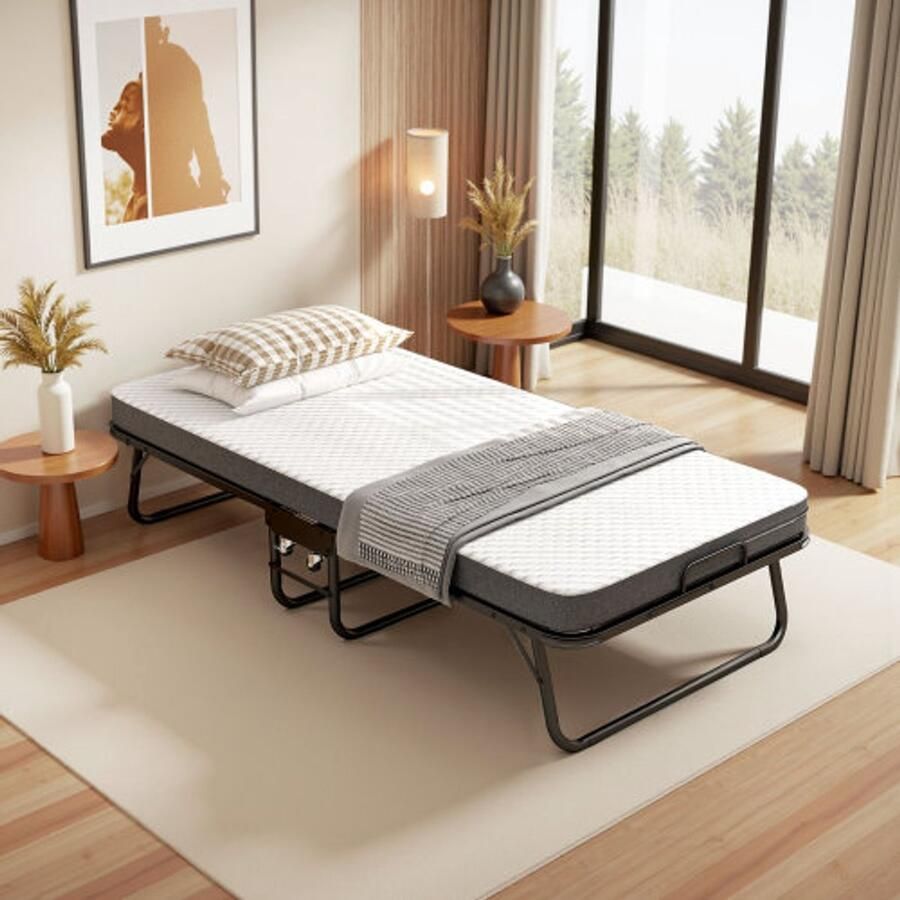 Merlooks Opklapbed logeerbed 90x190 cm – Opvouwbaar bed met wieltjes & 10 cm traagschuimmatras stofhoes – ideaal voor thuis hotel logeerkamer en outdoor kamperen zwart