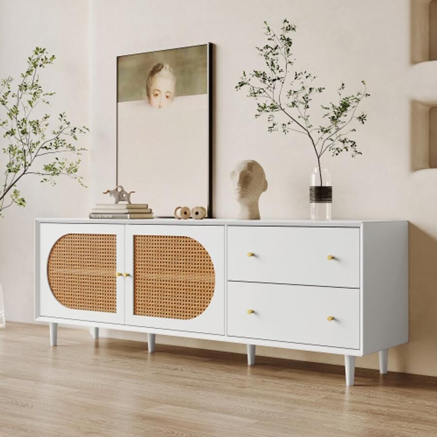 Merlooks Praktisch wit tv-meubel met poten van echt hout en veel opbergruimte 2 lades 2 deuren met stijlvol rotanontwerp voor je entertainmentelektronica