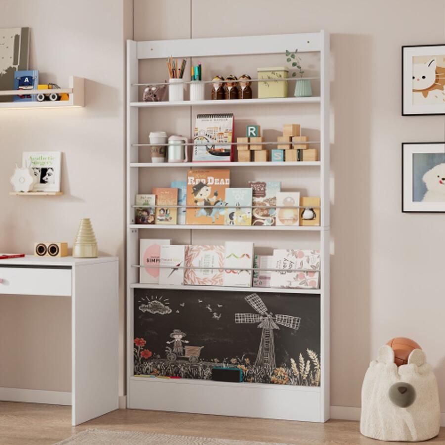 Merlooks Prentenboekenkast displaykast boekenkast voor kinderkamer opbergkast met 4 planken + zwart bord om te beschilderen kantelbeveiliging ruimtebesparend boekenkast achter de deur 100*10*180 cm