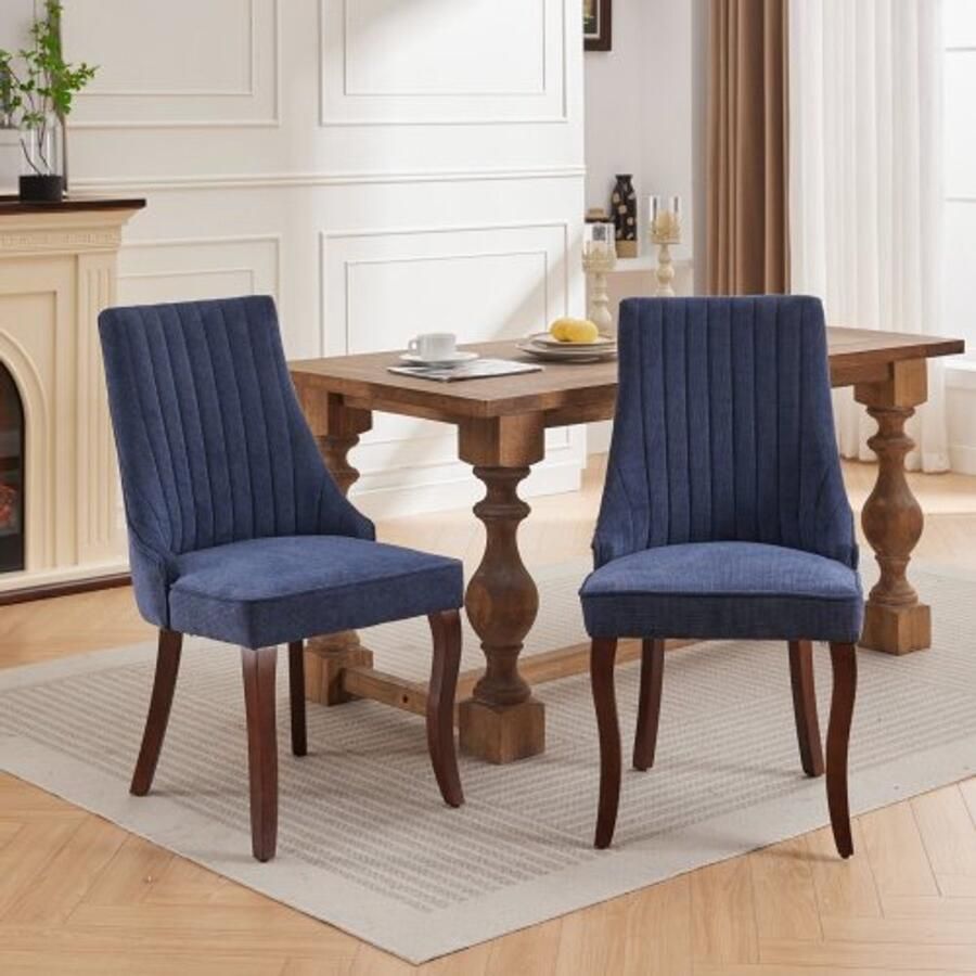 Merlooks Rayon stoffen beklede linnen eetkamerstoelen Channel keuken eetkamerstoel Comfortabele stoffen beklede accentstoel voor eetkamer met gebogen massief houten poten set van 2 (Blauw)