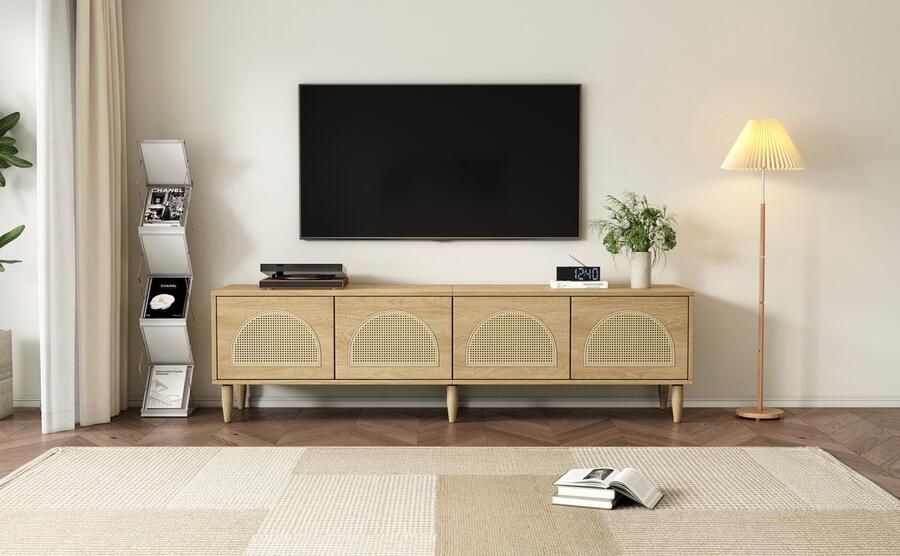 Merlooks Rustiek TV-meubel 180x40x51 cm Met 4 rotan deuren in hoogte verstelbare poten en 4 kabeldoorvoergaten voor maximaal 80 inch televisies TV-kasten lowboards