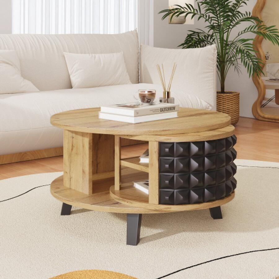 Merlooks Salontafel draaibare tafel bijzettafel met verborgen binnenblad