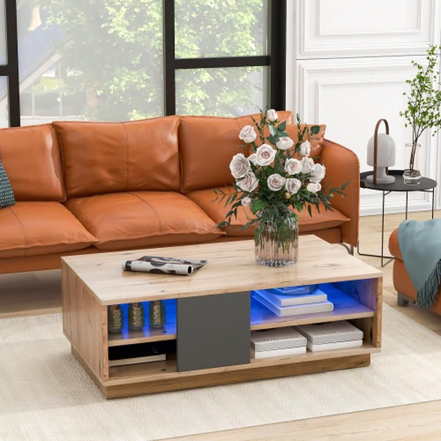 Merlooks Salontafel met LED-verlichting incl. afstandsbediening woonkamertafel in oude houtlook bijzettafel met grote opbergruimte salontafel in boomstijl