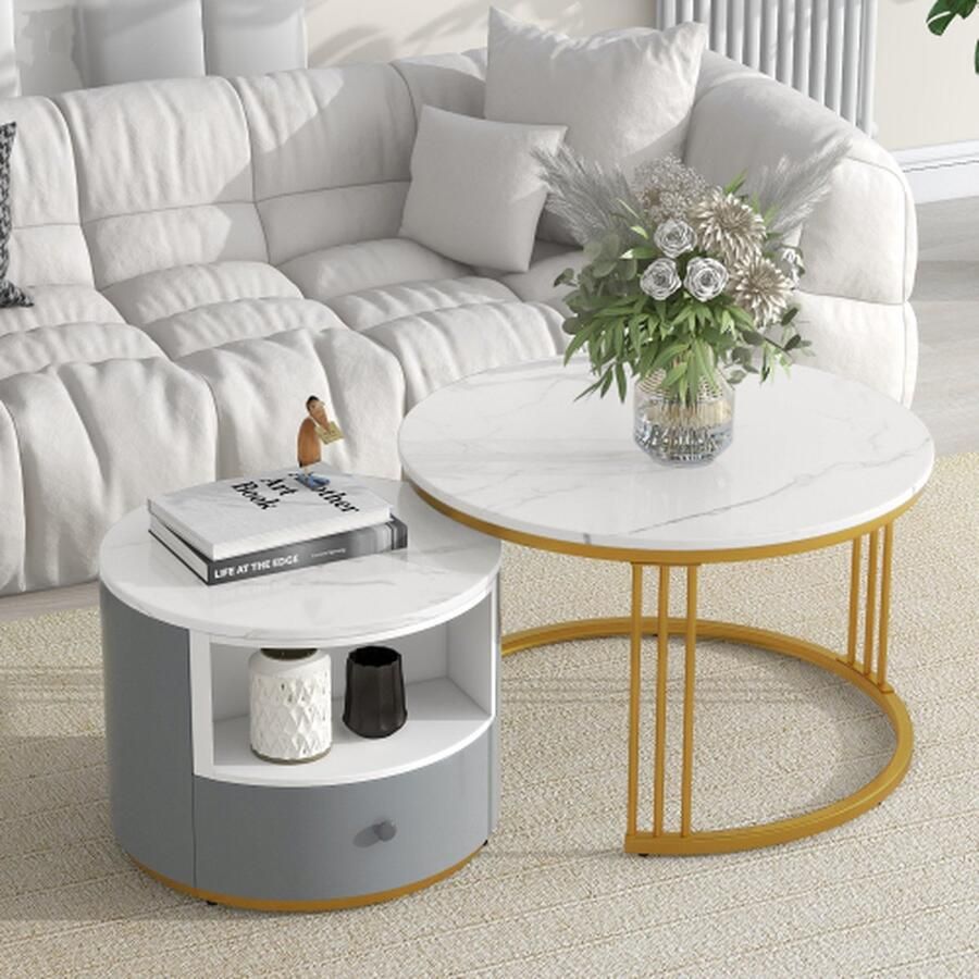 Merlooks Salontafel set van 2 ronde tafel woonkamer rond met metalen frame bijzettafel wit moderne nesttafels voor de woonkamer witgoud marmerlook