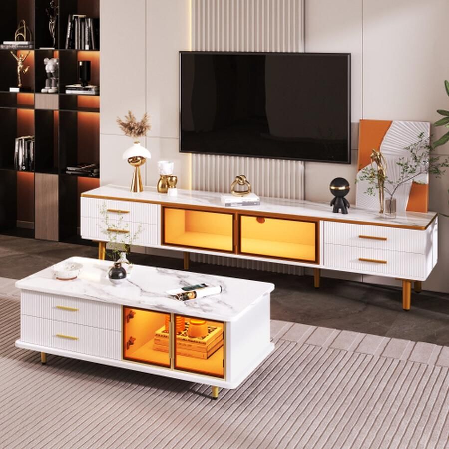 Merlooks Salontafel tv-kast modulair woonkamermeubilair deur van gehard glas frame van aluminiumlegering laden met golftextuur gouden handgrepen en poten tafelblad met marmeren textuur