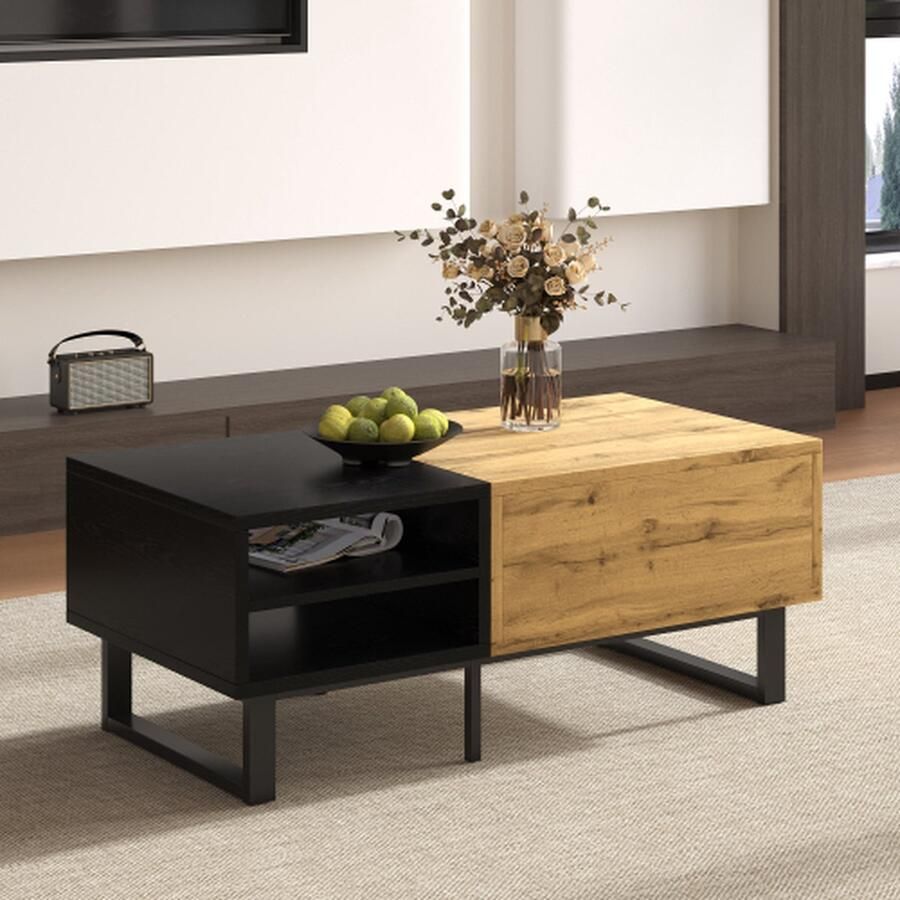 Merlooks Salontafel woonkamertafel met kleurblokstructuur met vakken en laden metalen poten