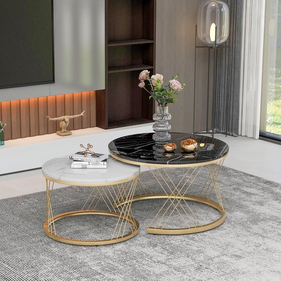 Sweiko Moderne Nesting salontafel set marmeren fineer bank side nest van tafels ronde eindtafels set van 2 gouden kleur frame