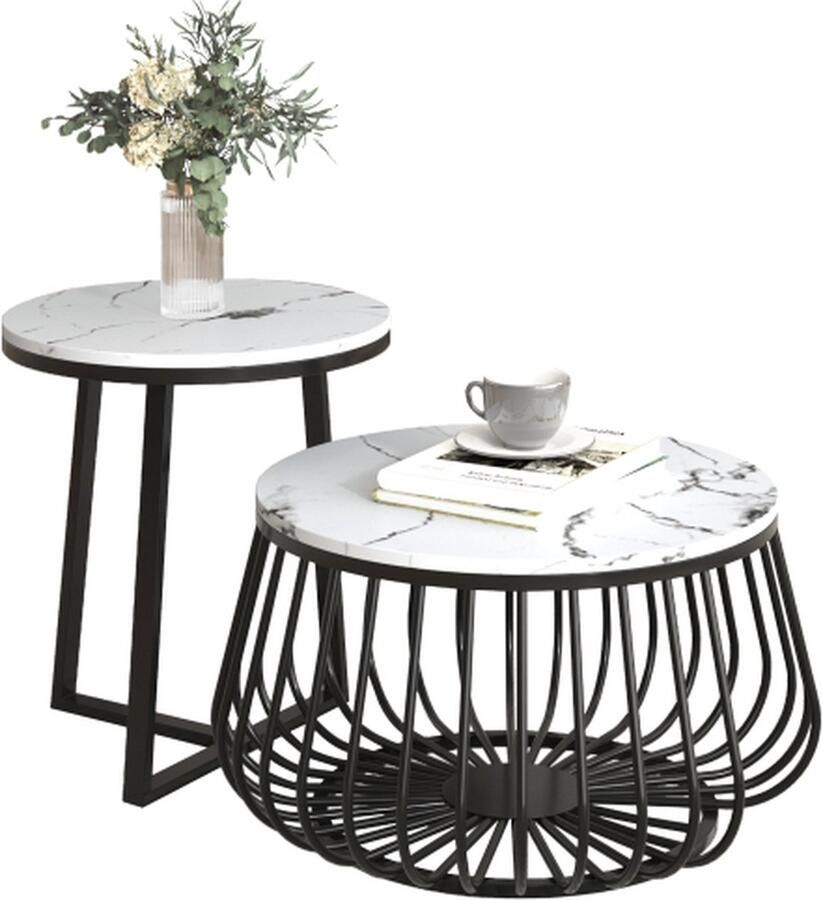Merlooks Salontafelset ronde salontafel woonkamertafel met marmeren structuur te gebruiken als kattenmand